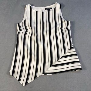 WHBM Women’s Black White Ecru Stripes Sleeveless Top, Lined, Asymmetrical Hem, 2